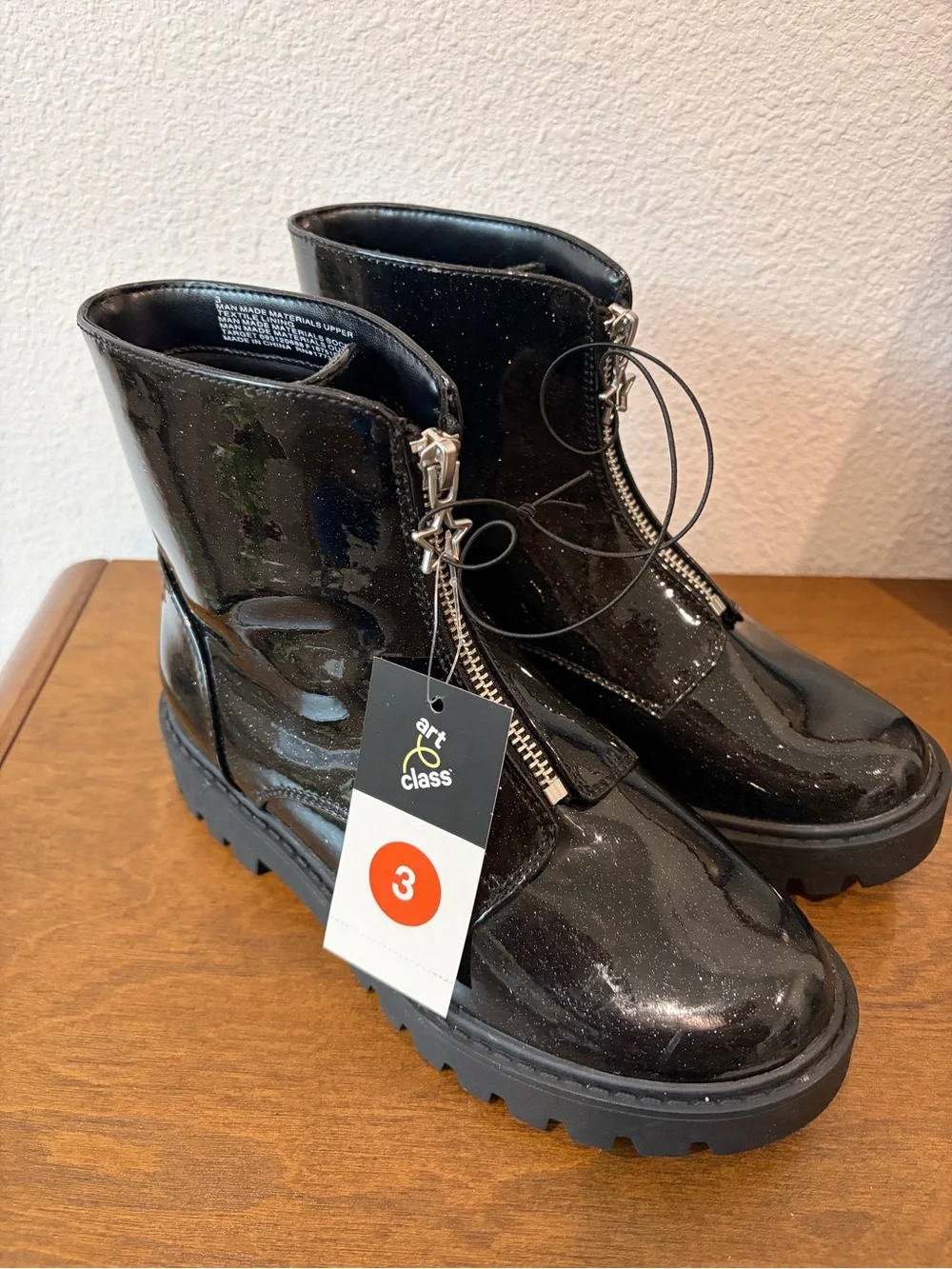 Art Class Myra Black Glitter Combat Boots - Youth 3 - NWT